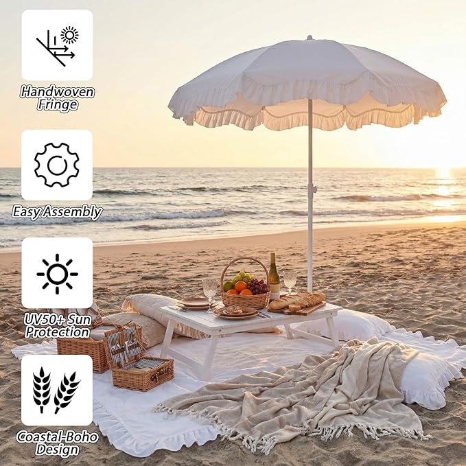 Boho Fringe Beach Umbrella with Extra Large Picnic Blanket Set, 6.5Ft UPF50+ Tassel Ruffles Umbrella 71"x 91" Picnic Blanket for Beach Wedding Bridal Shower Birthday Party Patio Lawn