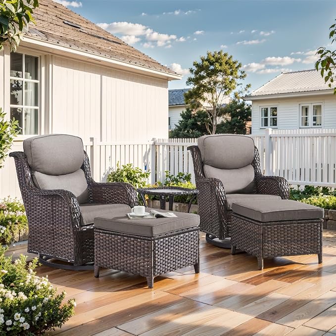 Outdoor Swivel Rocker Patio Chairs with 2 Ottomans - 5" Thick Cushion 5 Piece Furniture Set All Weather Wicker Conversation Set with Side Table for Porch Poolside and Deck - Brown/Gray
