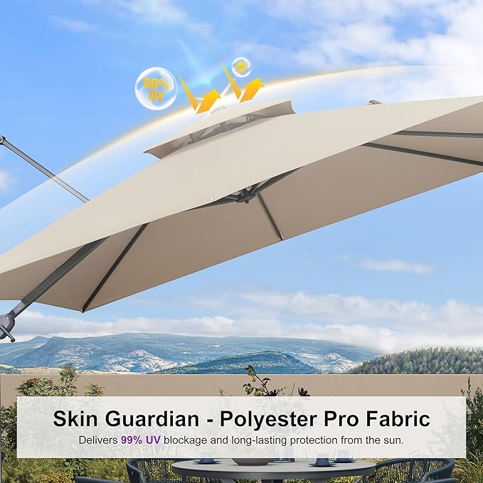 PURPLE LEAF 10 FT Cantilever Patio Umbrella Outdoor Umbrella with 220lbs Base Large Square Windproof Offset Umbrella for Pool Deck Garden, Sand Dune