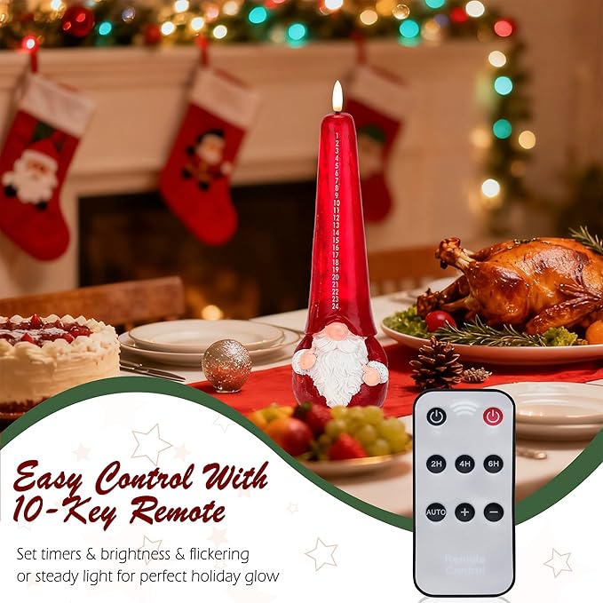 Christmas Flameless Candles with Remote, Xmas Countdown Candle, Santa Claus Countdown to Christmas Battery Operated Candles, Red Flameless Advent Candles for Mantel Decor