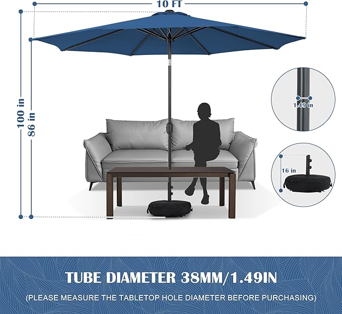 Sundale Outdoor 10 ft Patio Umbrella with Sand Bag Umbrella Base Included, Outdoor Umbrella with Tilt and Crank, Navy