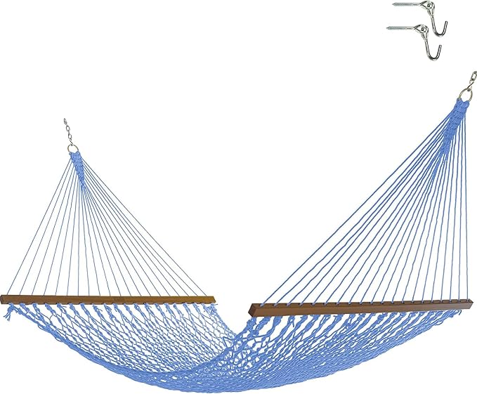 Nags Head Hammocks Captain Coastal Blue Duracord Rope Hammock with Free Extension Chains & Tree Hooks, Handcrafted in The USA, Accommodates 2 People, 450 LB Weight Capacity, 13 ft. x 55 in.