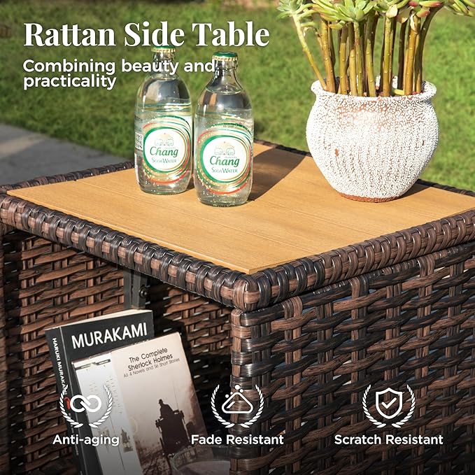 Outdoor Swivel Patio Chairs Set of 2 with Side Table, 3 Piece Wicker Highback Patio Bistro Set with Cushions for Deck Porch, Beige