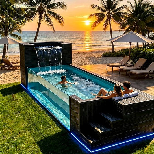 20/40FT Container Swimming Pool with SPA System, Luxury Above Ground Prefab Modular Steel Pool with Glass Window, Smart Temperature Control, Filtration & LED Lighting for Backyard Resort Hotel Villa
