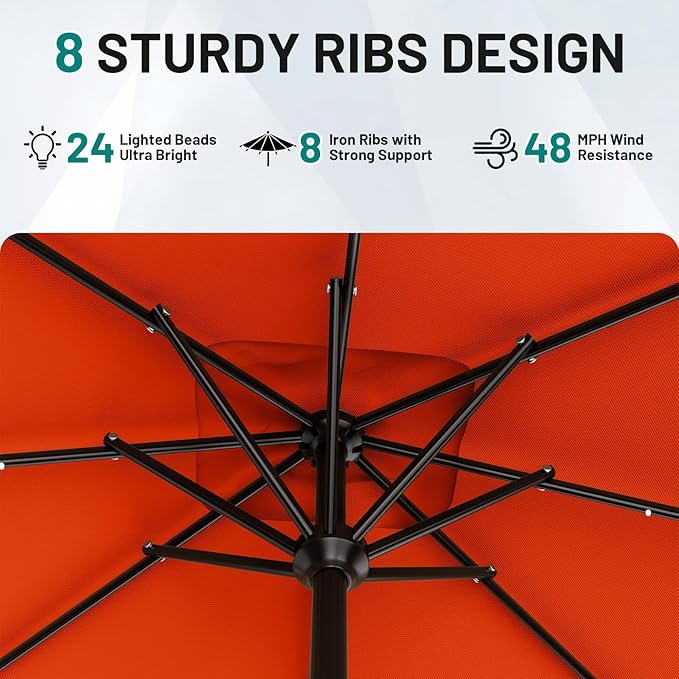 AreShark 8' X 10' Rectangular Patio Umbrella with Solar Lights, Lighted Solar Umbrella with Crank, Outdoor Table Umbrella for Garden, Deck, Backyard, Pool and Beach, Orange