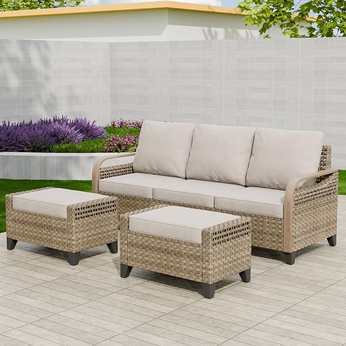 EAGLE PEAK Modern Wicker Outdoor Patio Furniture Set, Patio Conversation Set, a 3-Seat Loveseat and 2 Ottomans, 3 Pieces, Brown/Gray