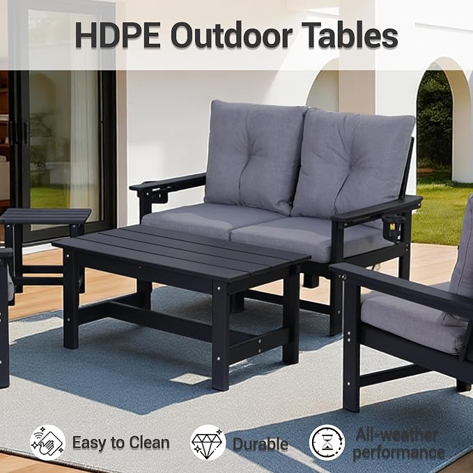 Patio Furniture Set 4 Seat, HDPE All-Weather Outdoor Sectional Conversation Sofa with Coffee Table, Washable Think Cushions for Lawn, Garden, Deck, Porch, Black