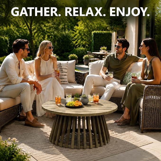 Round Outdoor Coffee Table for Patio, 31.5 Inch Acacia Wood Side Table with Slatted Pedestal Base, Farmhouse Outside Coffee Table for Garden, Balcony, Poolside, Porch, Weather-Resistant, Grey