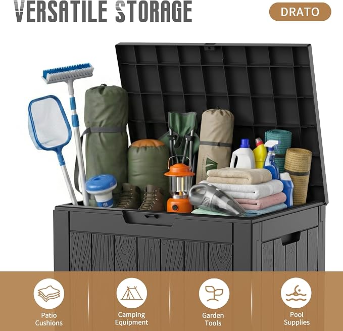 DRATO 35 Gallon Outdoor Storage Box Waterproof, Resin Small Deck Box for Patio Furniture Bench, Pool Garden Tools, Weatherproof Outside Storage Bin for Backyard Porch (Black, 35 Gallon)