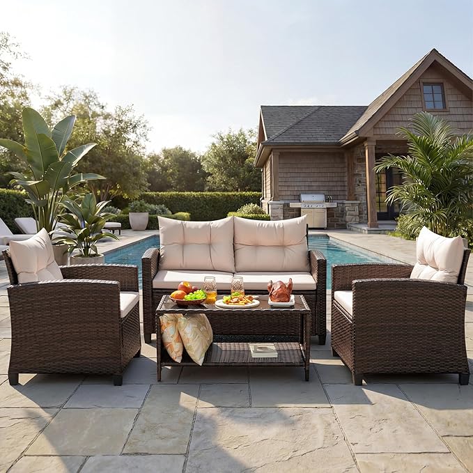 Greesum 4-Piece Patio Furniture Set, Outdoor Wicker Conversation Set, All-Weather Patio Sofa with Coffee Table and Cushions, for Garden, Deck, Porch, Backyard, Beige