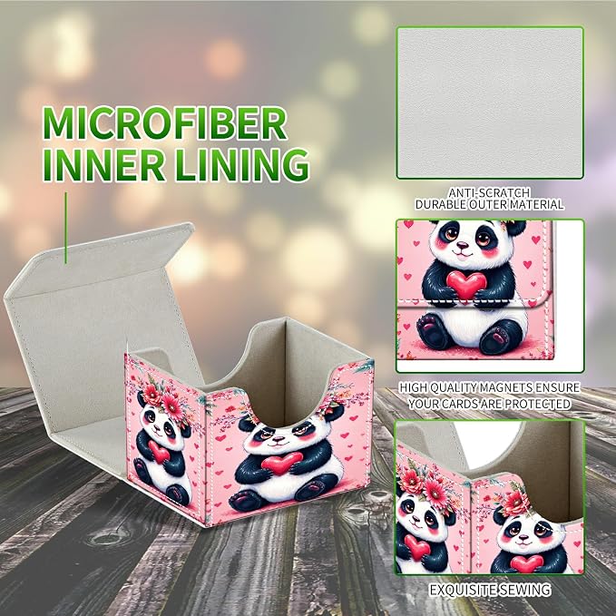 Card Deck Box for MTG, Cards Storage Box Fits 120+ Sleeved, Leather Small Size Strong Magnetic Closing Card Case for Board Games Magic TCG CCG Baseball Collection, Pink Panda