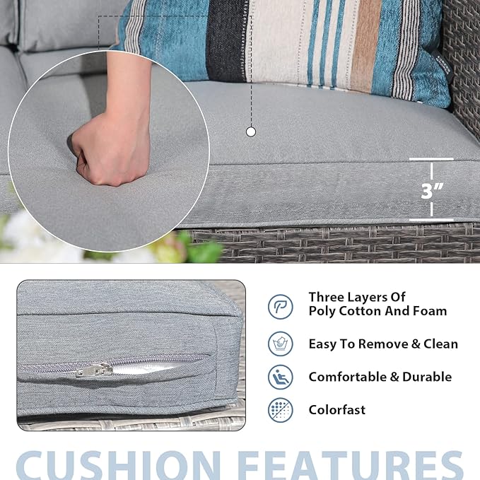 JOIVI Patio Furniture Set, 4 Piece Outdoor Patio Conversation Set, All-Weather PE Rattan Wicker Sectional Patio Sofa Set with Tempered Glass Coffee Table, Light Gray