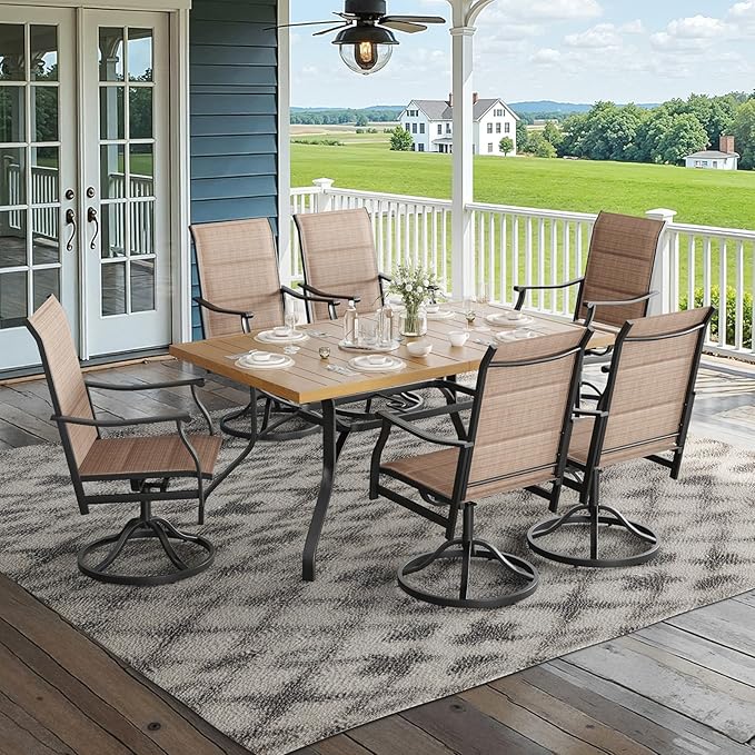 Soohow Outdoor Dining Set for 6, 7-Piece Patio Table and Chairs Set, 6 x Swivel Patio Dining Chairs and 60"x35" Wood-Like Outdoor Table with 1.57" Umbrella Hole for Backyard, Poolside