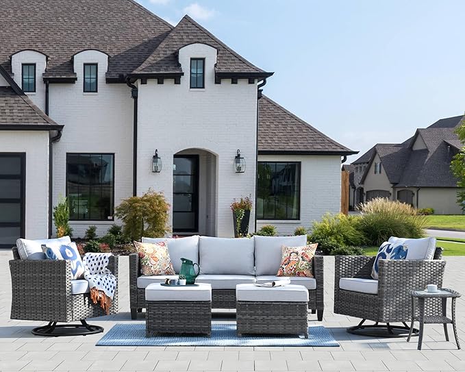 HOOOWOOO Wicker Patio Conversation Sets,6 Piece Outdoor Furniture Set with Swivel Rocking Chairs,All Weather Resistant Modern Outside Out Door Rattan Couch Chairs Side Table Set,Light Gray