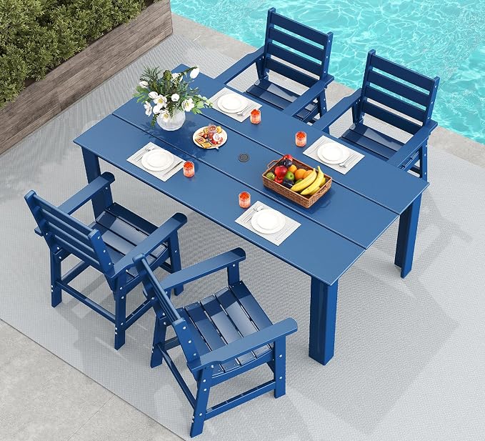 GREENVINES 5-Piece Patio-Dining-Set | HDPE Plastic | Outdoor Table and Chairs Sets for 4 | Patio Furniture | All Weather | Umbrella Hole | for Backyard Poolside Garden | Blue