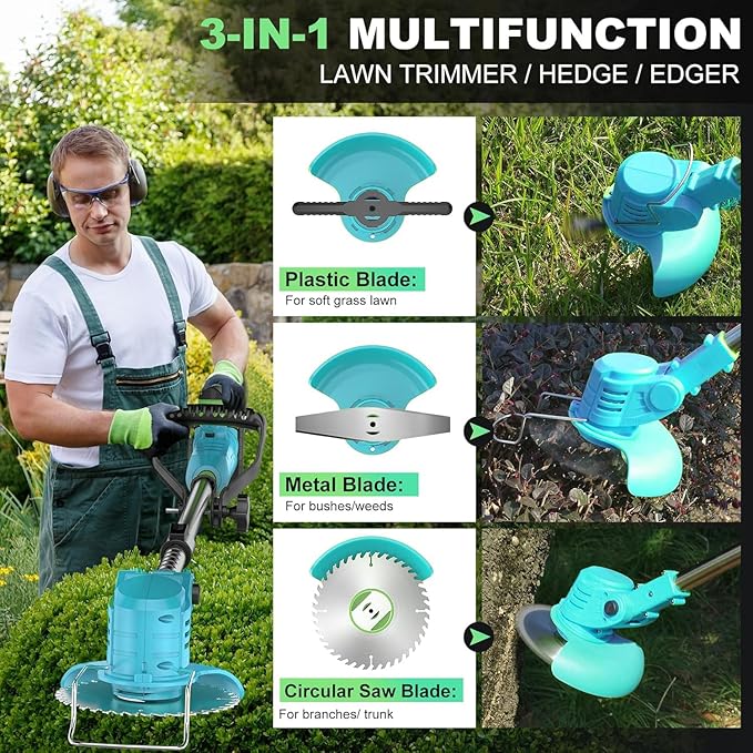 36V Electric Weed Wacker Cordless String Trimmer Battery Powered/w 2X 6.0Ah Battery and 2.0Amp Charger, Height Adjustable Wheeled，3-in-1 Grass Trimmer/Brush Cutter/Hedge Trimmer/Weed Eater