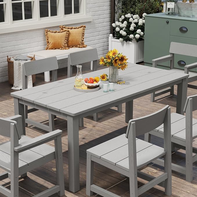 Jocoevol Patio Dining Sets 7 Piece HIPS Outdoor Dining Table Set with Umbrella Hole Table and 6 Chairs Furniture for Backyard Poolside Garden, Grey