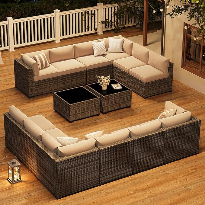 LazySunsets 14-Piece Patio Furniture Set, Wicker Rattan Outdoor Furniture with Thick Cushions, Patio Conversation Sets with Coffee Table, Outdoor Sectional Couch Sofa with Waterproof Cover, Beige