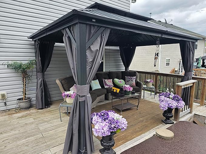 Domi Outdoor Hardtop Gazebo 10’x14’, Permanent Metal Gazebo for Patios with Aluminum Frame, Galvanized Steel Double Roof, Heavy Duty Curtains & Netting, Grey