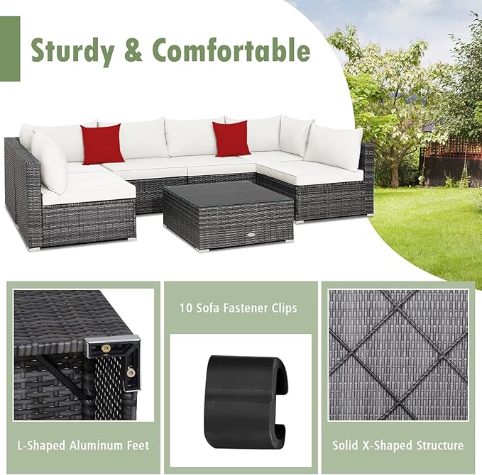Tangkula 7 Piece Patio Wicker Furniture Set, Outdoor Rattan Sectional Sofa Set for 6 with Seat & Back Cushions, 2 Throw Pillows, Sofa Fastener Clips, for Backyard, Poolside, Deck and Garden (Navy)