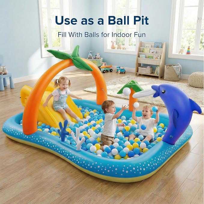 Kiddie Pool with Slide Inflatable Play Center Wading Lounge Kids Pool, Coconut Palm Sprinkler, Water Game Play Center 95''x75''x40'', Blue