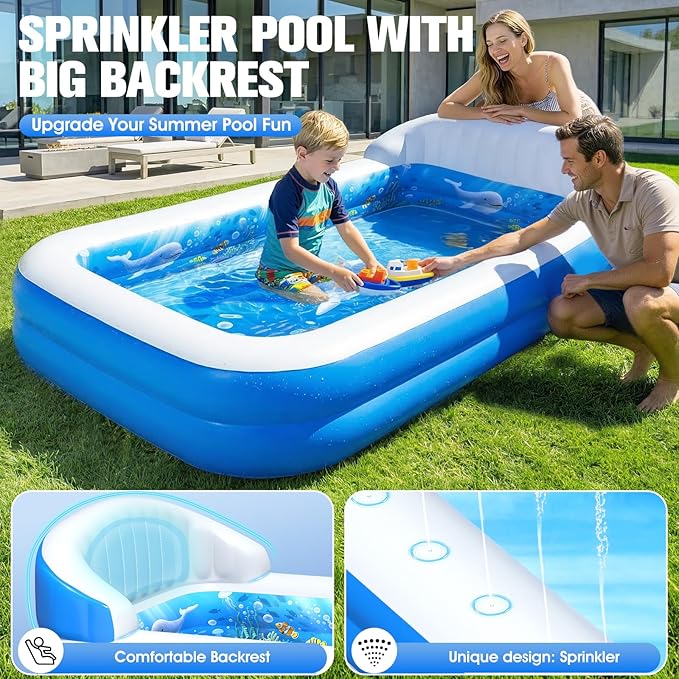 2026 Inflatable Pool with Sprinkler,Durable Blow up Pool with Big Backrest, Rectangle Kid Pool Backyard,Children Swimming Pool,Small Inflatable Kiddie Pool,Outdoor Water Pool for Kid71×41×25IN