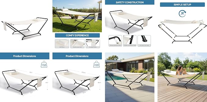 Freestanding Hammock with Stand, 550LBS Heavy Duty Outdoor Hammock Bed with Soft Pillow & Storage Bag, Outdoor Hammock with Stand, Hammok Bced for Yard, Deck, Patio,Beige