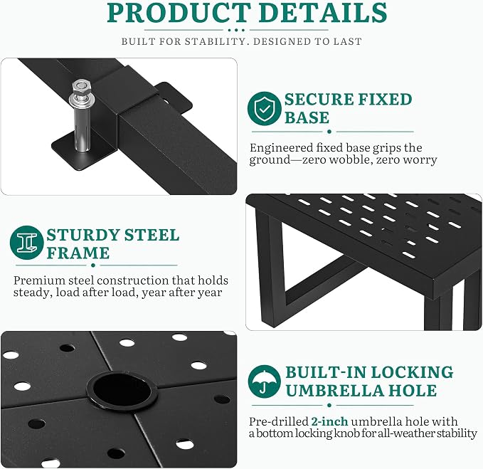 YITAHOME 38" Square Metal Picnic Table with Umbrella Hole, Q235 Carbon Steel Heavy Duty Outdoor Table for 4-8 People, Backyard Patio Set (Black)
