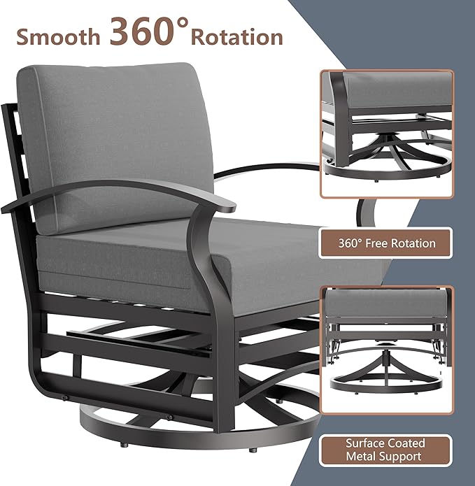 3 Piece Aluminum Swivel Rocking Chair Set, Outdoor Patio Swivel Gliders Chair with Glass Top Coffee Table, Conversation Furniture Set Suitable for Patio, Lawn, Outdoor, Back Garden(Gray)