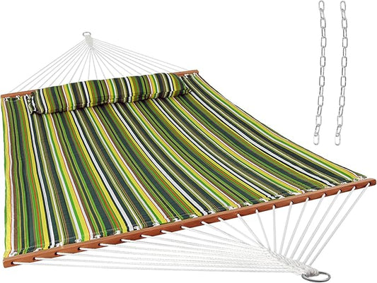 Sunnydaze Quilted Double Hammock for Outside with Spreader Bars and Pillow - 450 lb Capacity, 74x55 Inch Bed, UV Resistant, Quick Dry - Chains Included, Stand Sold Separately - Melon Stripe