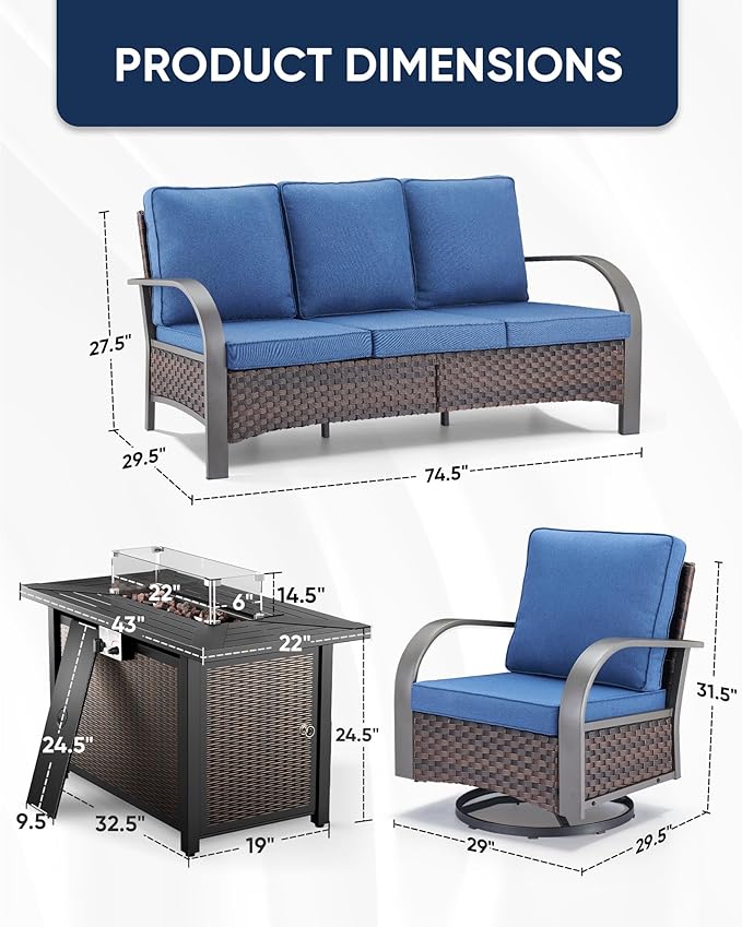HUMMUH Patio Furniture Set with Fire Pit-Outdoor Swivel Glider Rocking Chair with Patio Sofa Outdoor Conversation Furniture for Deck Porch Garden Poolside Backyard-Brown/Blue