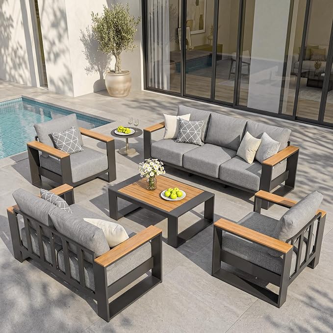 Oversized Aluminum Patio Furniture Set, 5 Pieces Luxury Outdoor Furniture Set with 7.1" Extra Thick Cushion, Modern Outdoor Sectional with Coffee Table for Porch, Garden and Deck, Gray