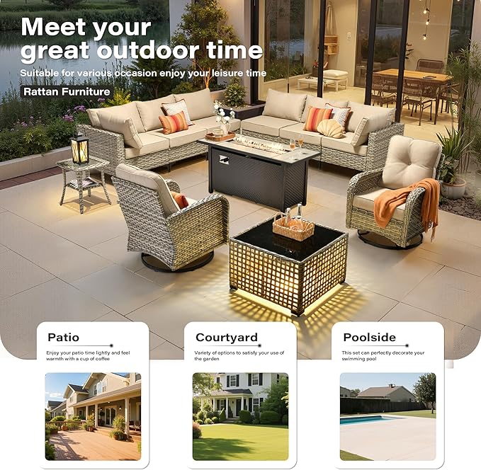 11 Pieces Outdoor Sectional Patio Furniture Set with 54" Fire Pit,Wicker Conversation Sets Rattan L Shaped Couch Swivel Rocking Chairs,Modular Outdoor Sofa for Porch Balcony Backyard Beige