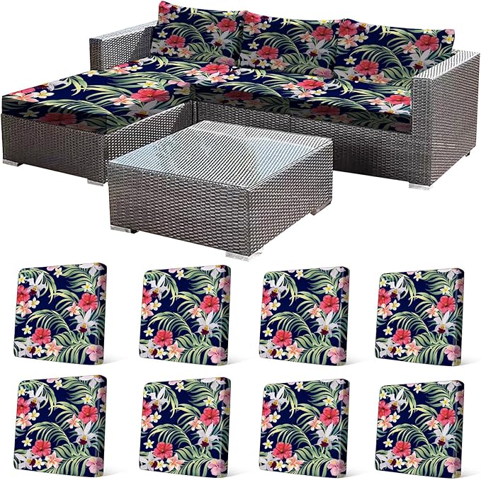 CALBODE 8 Pcs Stretch Outdoor Seat Cushion Covers, Washable Chair Seat Cover for Patio Furniture Cushions Soft Indoor and Outdoor Couch Cover Replacement (Tropical Floral,Black, Cover Only)