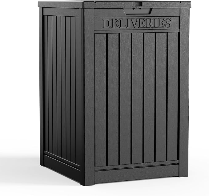 EasyUp Package Delivery Boxes for Outside, 55 Gallon Outdoor Parcel MailBox Drop Storage Deck Box Secure Resin Waterproof Lockable UV Resistant Patio Porch Mail Black