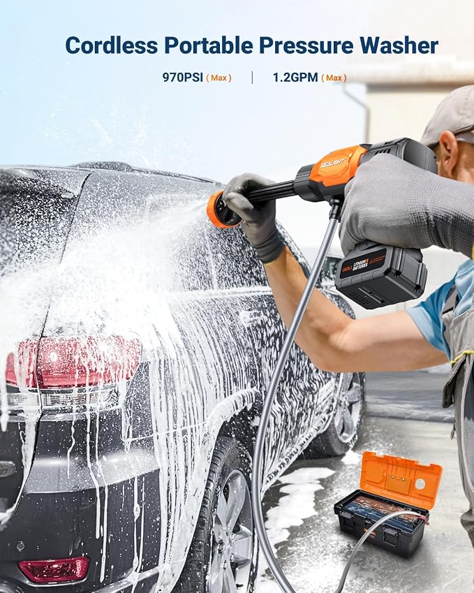 SEALIGHT Cordless Pressure Washer Portable Power Washer, 970PSI Portable Car Washer with 3.0Ah Battery 6-in-1 Nozzle Carry Box Battery Operated Power Washer for Cars, Fences, Patio, Bikes Cleaning