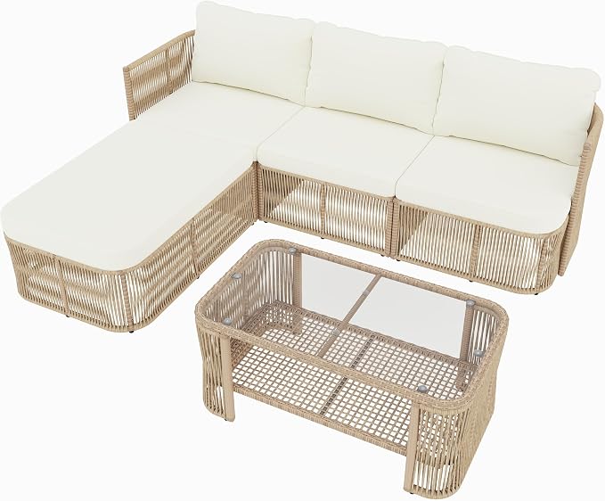 Merax 4-Piece Patio Furniture Set, L-Shaped Outdoor Wicker Modular Sectional Sofa with Thick Cushions and Glass Top Coffee Table, Rattan Patio Conversation Set for Backyard, Garden and Poolside, Beige