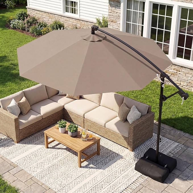 Tangkula 10ft Patio Umbrella with Base Included, Offset Cantilever Outdoor Umbrella with 360 Degree Rotation, Crank Handle, Sun-Protective Canopy for Pool Deck Garden Backyard (Tan)