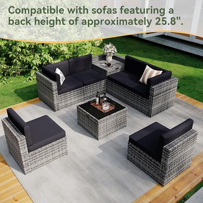Aoxun Outdoor Wicker Storage Coffee Table, All-Weather Side Table with Waterproof Cover, for 25.8" High-Back Sofas Grey