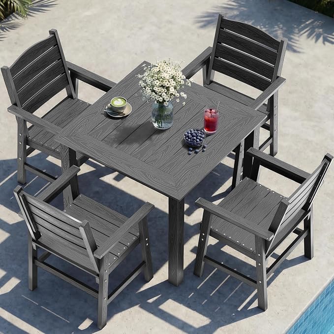 YEFU HIPS Outdoor Table and Chairs : Square Family-Friendly Patio Dining Sets - 5-Piece All-Weather Easy-Clean Outdoor Dining Set - Modern Furniture for Garden Deck Backyard Poolside（Grey）