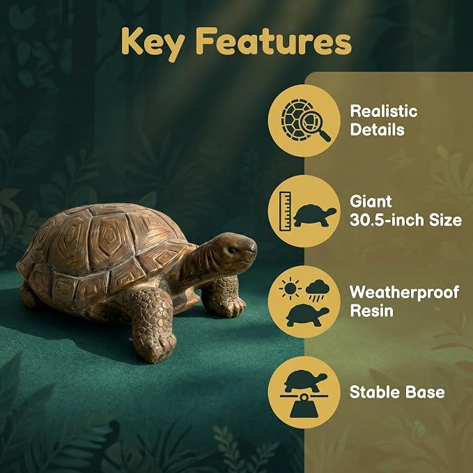 30.5" Large Resin Tortoise Garden Statue, Brown Turtle Sculpture | Crafted from heavy-duty brown resin with lifelike shell details. Endures outdoor elements