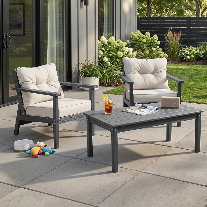 2 Seat HDPE Patio Conversation Set with Coffee Table, Outdoor Chairs Set | Water-Resistant Thick Cushion, HDPE All Weather, Wood-Grain, No Rot or Rust or Crack, UV Fade Shield, Easy-Clean for Outside