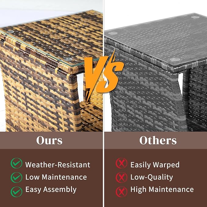 HOMSUPPLIE'S Outdoor Rattan Side Table with Storage, Square Patio Coffee Table w/Tempered Glass Top, Wicker End Table for Porch, Balcony, Poolside & Backyard(Yellow,Tempered Glass sty.3)