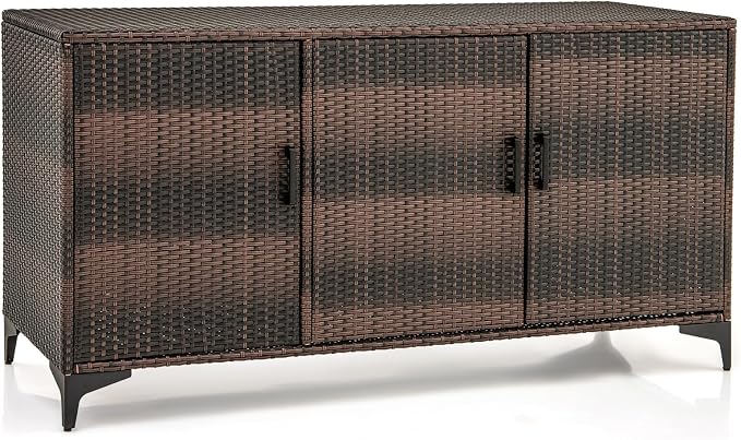 Giantex 84-Gallon Wicker Deck Box - Patio Storage Cabinet, 3-Door PE Rattan Storage Container with Removable Shelves, Indoor & Outdoor Package Box for Porch, Patio Furniture Cushions Tools (Brown)