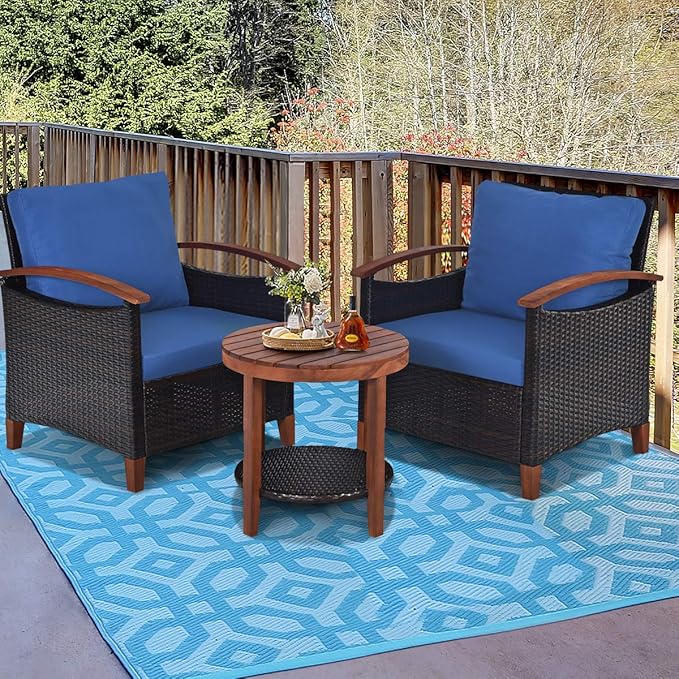 HAPPYGRILL 3 Pieces Rattan Furniture Set Outdoor Patio Conversation Set Wicker Sofa Set with Cushion & Acacia Wood Frame, Table & Chairs Set for Garden Poolside Balcony