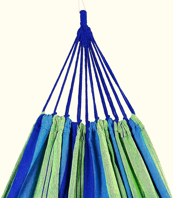 CJ Ultra Double Brazilian Hammock - XL Wide Two Person Soft Woven Cotton Fabric - Long Hamaca Swing Bed for Backyard Patio or Porch - Outdoor or Indoor - Includes 2 Hanging Tree Ropes (Blue Striped)