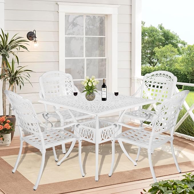 5-Piece Outdoor Patio Dining Set, All-Weather Cast Aluminum Patio Furniture Set with 4 Chairs and 35.4" Square Table for Backyard Garden Deck, 2" Umbrella Hole, White