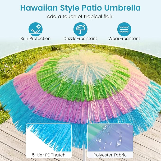 Tangkula 6FT Tiki Patio Umbrella, Hawaiian Style Thatched Market Table Umbrella with Carrying Bag, Tilt Design, 8 Ribs, Tropical Outdoor Umbrella for Beach Patio Garden Pool Backyard