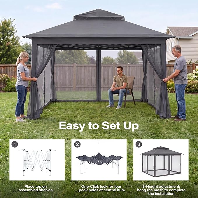 LAUSAINT HOME 12x12 Pop Up Gazebo with 50FT String Lights, Mosquito Netting, Instant One-Push Setup, Adjustable Height Outdoor Canopy Tent Shelter with Carry Bag for Patio, Backyard, Camping, Gray