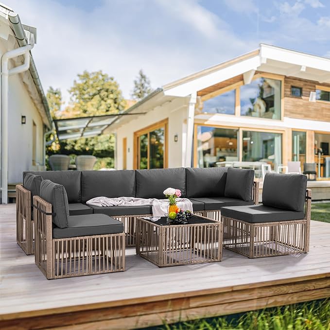 Pamapic 7-Piece Patio Furniture Set, Large Handwoven Wicker Outdoor Sectional Set with Coffee Table, All-Weather Patio Sofa Conversation Set for Backyard, Poolside, Garden